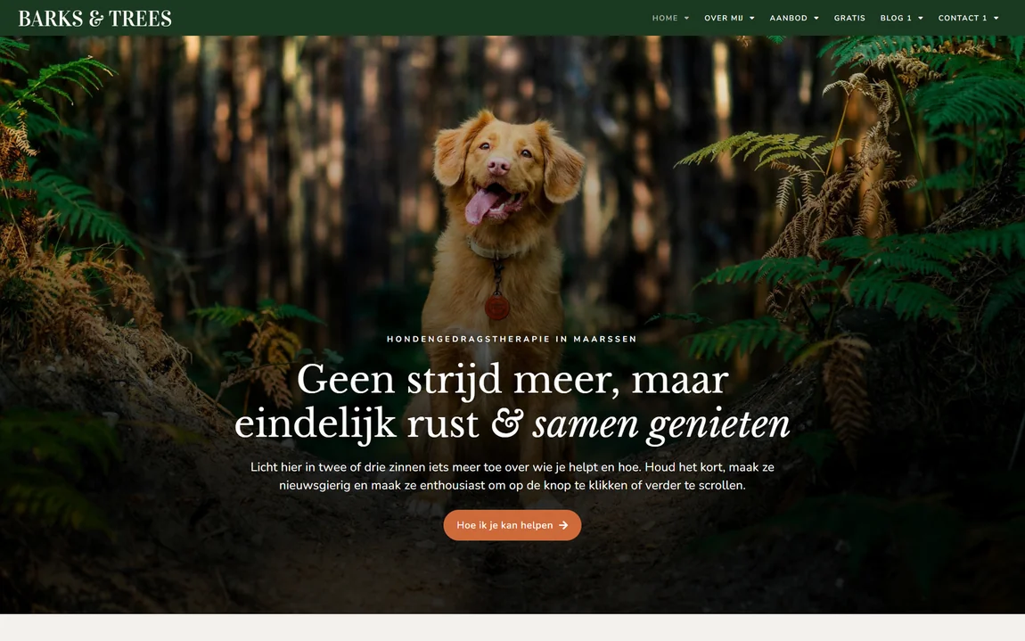 Homepage of the Barks & Trees website design