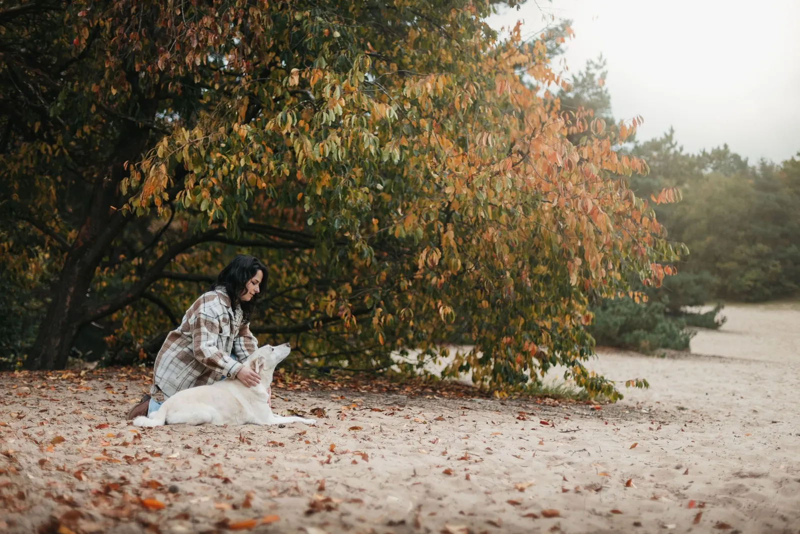 Simone Hervij sitting with her dog under an autumn tree