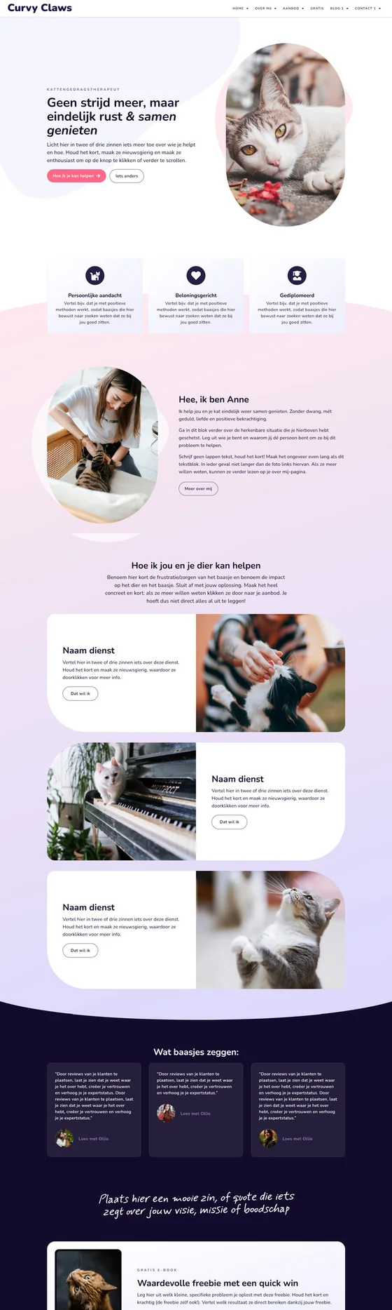 Curvy Claws website design for animal professionals: homepage, version 1