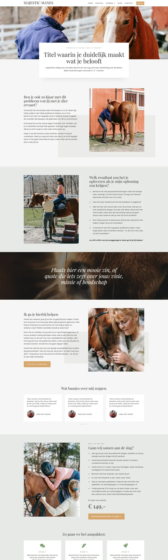 Majestic Manes website design for animal professionals: services page, version 1